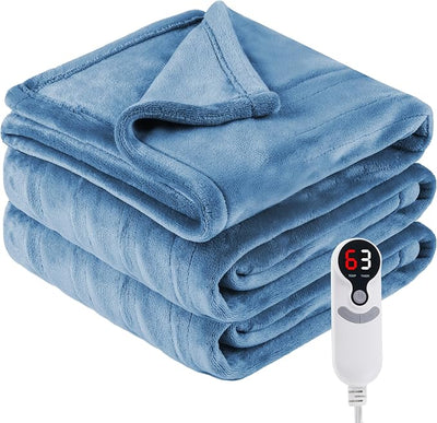 Eydna Electric Heated Blanket Throw Size 50"x60", Fast Heating Throw, Soft Microplush for Sofa & Office, 9 Heating Levels & 1-10 Hours Auto Off, Machine Washable, Gifts for Womens-Light Blue