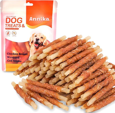 Annika Dog Treats Chicken Wrapped Cod Sticks – Natural, Single Ingredient Cod Dog Treats & Chicken Jerky for Dogs – Long Lasting Fish Chews for Small, Medium & Large Dogs, 11.6 oz
