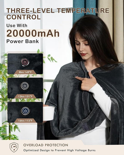 Cordless Heated Blanket Battery Powered; USB Wearable Portable Heated Throw Blanket with Hood, 20000 mAh Battery, 9 Heating Zone, 3-Level; Portable Heated Shawl Cordless; Camping (Comfort Warm Gray)