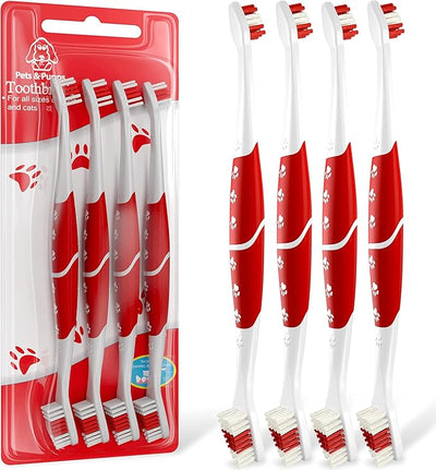Pet Toothbrush for Dogs, Cats with Soft Bristles - Easy Teeth Cleaning & Dental Care, Non Slip Dual Head Dog Toothbrush for Medium & Large Pets, Toothpaste Not Included, Pack of 4 Red