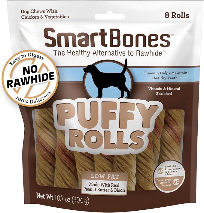 Puffy Rolls Chews for Dogs, 8 Count, Treat Your Dog to Easy-to-Digest Rawhide-Free Chews Made with Real Peanut Butter and Bison