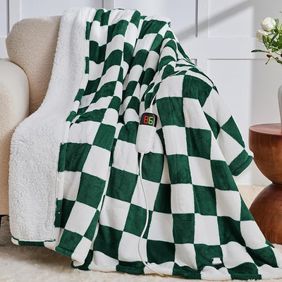 Heated Electric Blanket Throw, 50X60 Heating Blanket with 10 Heating Levels & 8 Hours Auto Off for Lap, Dark Green Checkered Plaid Soft Sherpa Blankets, Gifts for Mom, Grandma Women Couch