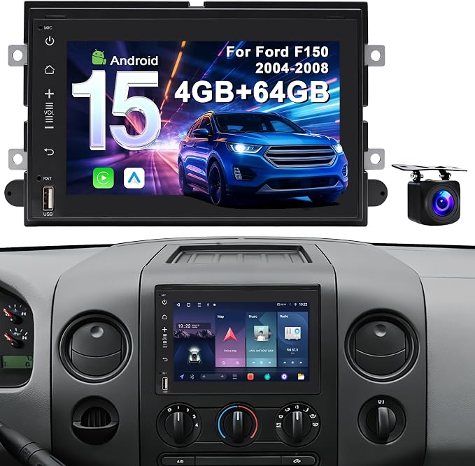 4G+64G Car Radio for Ford F150 2004-2008: 7" Stereo CarPlay Android Auto | Upgrade Android 15, BT 5.4, WiFi 6, GPS, FM, RDS, EQ, SWC, 1080P Backup Camera