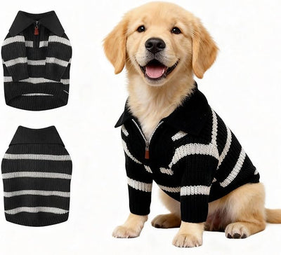 Small Dog Sweater with Zipper, Knitted Striped Pullover Dog Clothes for Cold Weather, Thick Warm Cozy Stretchy Sweater for Chihuahua, Bulldog, Dachshund, Pug(Black & White Strip, XXL)