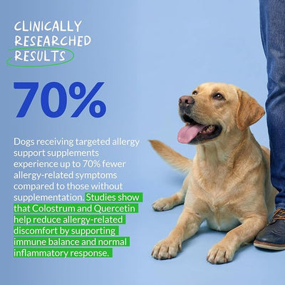 Dog Allergy Relief 90 Soft Chews - Itchy Skin, Immune & Quercetin | With Quercetin, Colostrum, Omega 3 & Probiotics. Relieves itchy skin, ear itching, seasonal allergy & boosts immunity.