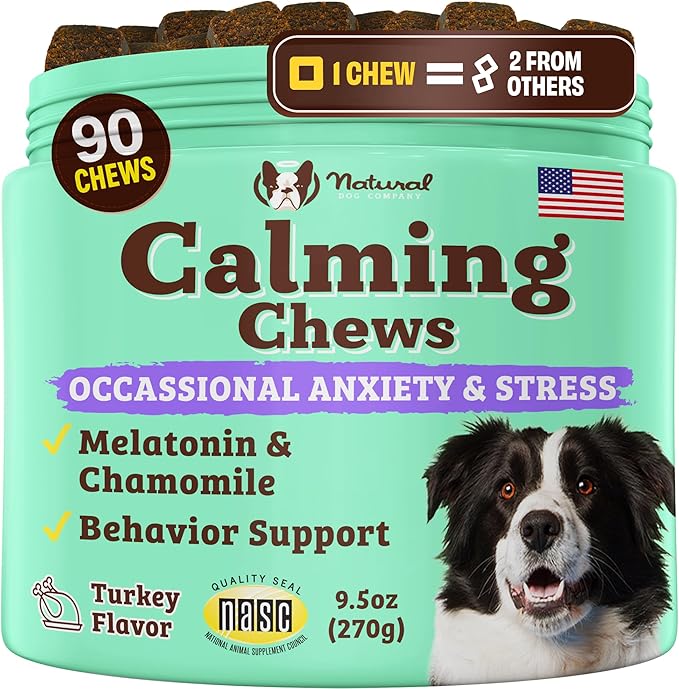 Calming Chews for Dogs, Stress & Anxiety Relief Supplement 90 cnt with Chamomile, Valerian Root & Melatonin, Natural Soothing Chews for Travel, Thunder, Fireworks & Separation