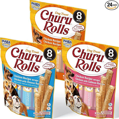 INABA Churu Rolls for Dogs, Grain-Free, Soft/Chewy Baked Chicken Wrapped Churu Filled Dog Treats, 0.42 Ounces Each Stick| 24 Stick Treats Total, 3 Flavor Variety Pack (24 Sticks)