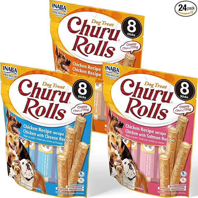 Churu Rolls for Dogs, Grain-Free, Soft/Chewy Baked Chicken Wrapped Churu Filled Dog Treats, 0.42 Ounces Each Stick| 24 Stick Treats Total, 3 Flavor Variety Pack (24 Sticks)