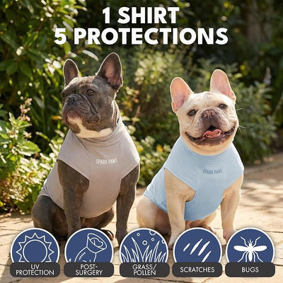 Spark Paws Sunblock Dog T-Shirt, SPF30 Protection, Lightweight Breathable Quick Dry for Dogs with Sensitive Skin - Blue & Grey (Set of 2) - M