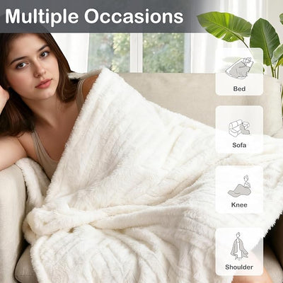 Eydna Electric Heated Blanket Throw Size 50"x60", Fast Heating Throw, Plush Faux Fur for Sofa & Office,4 Heating Levels & 10 Hours Auto Off, Machine Washable, Gifts for Womens-Striped White