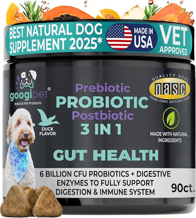 Googipet Probiotics for Dogs Digestive Health - Prebiotics and Probiotics Chews for Dog Yeast Infection Treatment + Digestive Enzymes - Dog Probiotics for Itchy Skin & Ears w/Papaya, Pumpkin, & Fiber