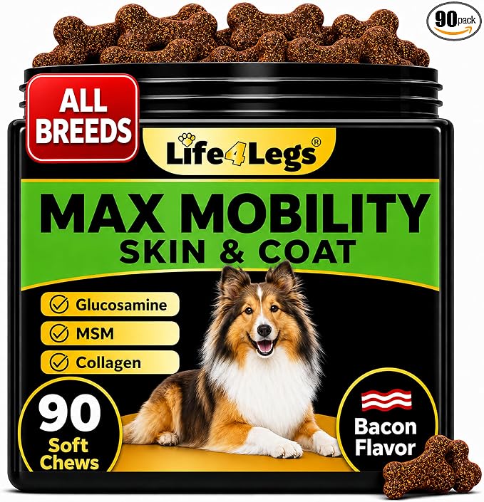 Dog Skin and Coat Supplement, Bacon Flavor, 90ct | 800mg Collagen, Omega 3, Glucosamine, MSM, Coat Shine, Normal Shedding, Hip and Joint Support