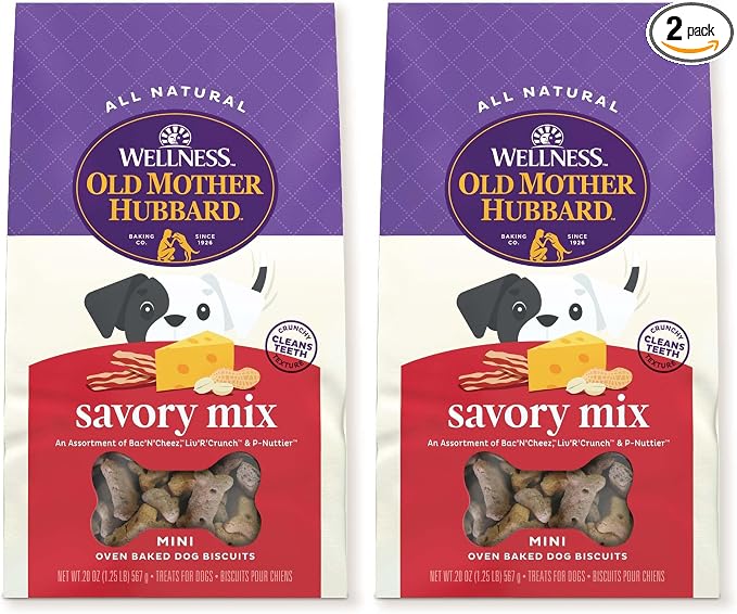 Old Mother Hubbard Wellness Classic Savory Mix Dog Biscuits, Natural Training Treats, 3 Flavors, Mini Size, 20 oz Bag (Pack of 2)