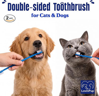 Double-Sided Dog Toothbrush Set – 2-Pack Cat & Dog Toothbrushes with Soft Bristles – Long Handle & Gentle Cleaning Design for Pet Dental Care, Plaque & Tartar Removal at Home