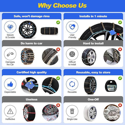Auto Tightening Snow Chains for Cars, SUVs & Pickup Trucks – 1-Min Quick-Fit Auto Installation, Reusable Universal Emergency Traction Tire Chains – Set of 2（ALN90）