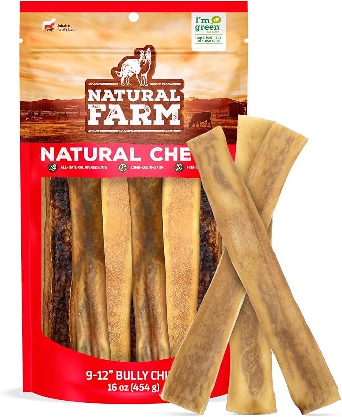 Bully Chips (9-12 Inch, 16 Oz.), Digestible Beef Cheek from Grass-Fed Cows, Non-GMO, Grain-Free, Natural Long-Lasting Dog Chews for Small, Medium & Large Dogs, Great Rawhide Alternative