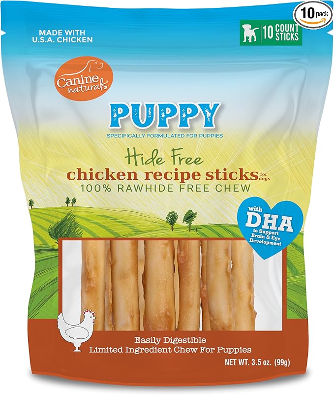 Puppy Chicken and Rice Chew - Rawhide Free Puppy Treats - Made with USA Chicken - All-Natural & Easily Digestible - 10 Pack of 5-Inch Sticks for Puppies