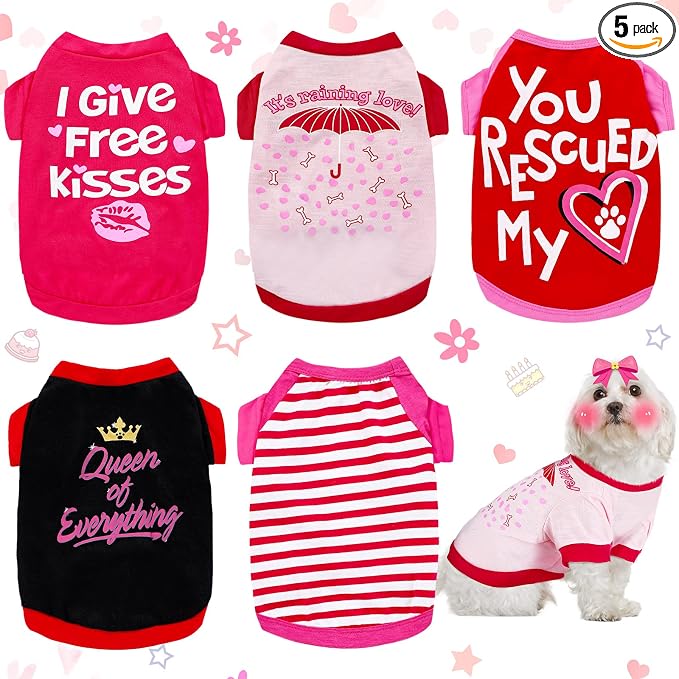 5 Pieces Valentine‘s Day Dog Shirt for Small Dogs Girl Small Dog Puppy Clothes for Chihuahua Yorkie Bulldog Schnauzer Breathable Shirt Vest(Large)