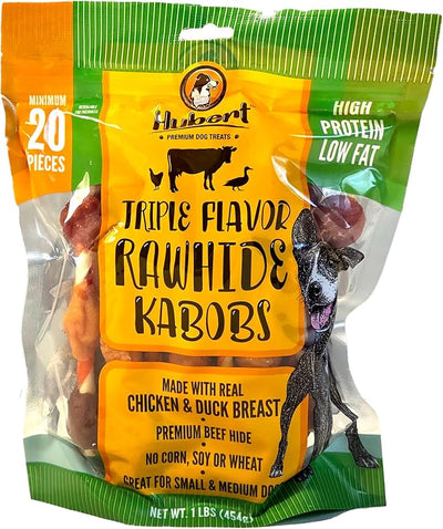 Hubert Pet Triple Flavor Rawhide Kabobs, Chicken Duck Pork Dog Chews, 1 lb