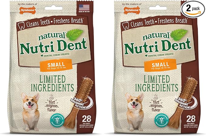 Nutri Dent Dog Dental Chews - Natural Dog Teeth Cleaning & Breath Freshener - Dental Treats for Dogs - Filet Mignon Flavor, Small (28 Count) (Pack of 2)