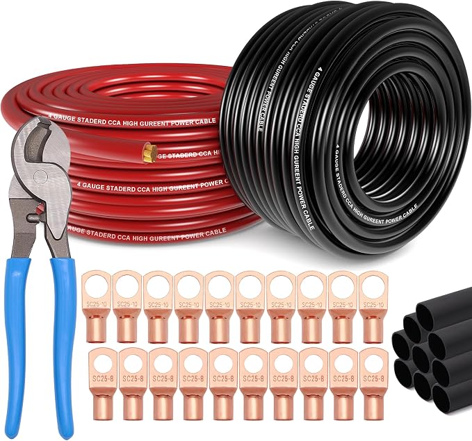 4 Gauge Wire (50ft Each - Red/Black) Copper Clad Aluminum CCA with Cable Cutter,Lugs Terminal Connectors and Heat Shrink Tube - Battery Power/Ground Cable,Car Audio Speaker,RV Trailer Amp Wiring kit