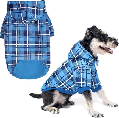 EXPAWLORER Plaid Dog Hoodie - British Style Warm Dog Sweater Shirt with Leash Hole,Pitbull Clothes Outfits,Winter Coat Apparel for All Breeds Puppy Girl Boy-Cat Apparel,Blue Small