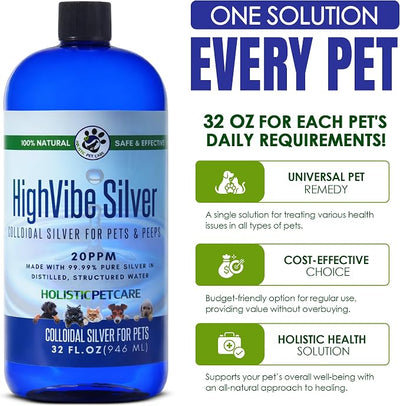 HOLISTIC PET CARE Colloidal Silver for Dogs, Cats, Horses & Birds - 20 PPM Skin Relief & Coat Care Solution, Wellness and Immune Support - All-Natural Colloidal Silver for Pets with Syringe (32 oz)