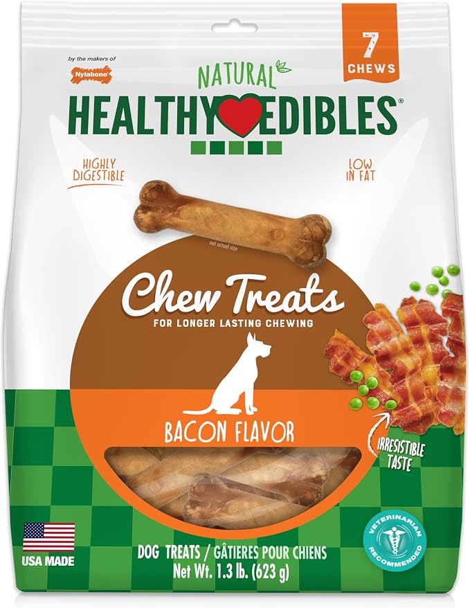 Healthy Edibles Natural Dog Chews, Long Lasting Bones for Dogs, Bacon Flavor Dog Treats, Medium (7 Count)
