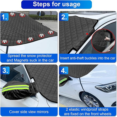 Car Windshield Snow Cover for Ice with Magnetic Edges, Windscreen Frost Protector with 5 Layers Protection,Elastic Straps Hooks,Side Mirrors Cover, Winter Frost Ice Guard for Car SUV CRV Trucks,Black