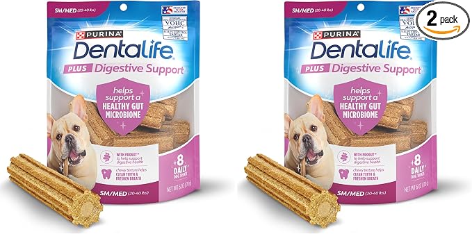 Plus Digestive Support Dog Treats for Small and Medium Dogs 20-40 lbs., Cleans Teeth, Freshens Breath, & Supports Healthy Gut, Chicken & Pumpkin Flavor, 6 oz., 8 Chews - 6 oz. Pouch