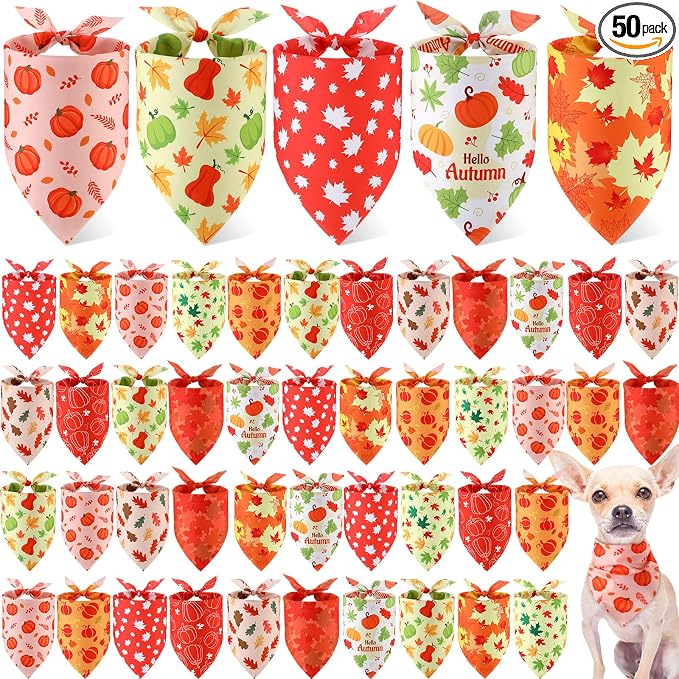 50 Pcs Thanksgiving Fall Dog Bandanas Bulk for Dogs Autumn Soft Bibs Adjustable Triangle Pet Bandana for Small Medium Large Costume(Leaves Pattern, 25.6 x 17.7 x 17.7 Inch)