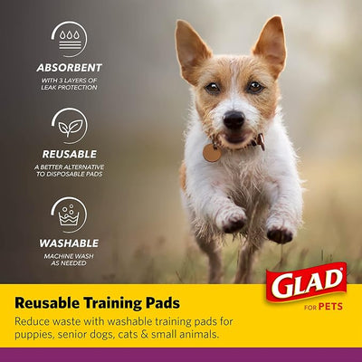 Glad for Pets Washable Dog Pee Pads, Medium, 24 x 36 Inch, 2 Count, Gray with Paw Prints, 3-Layer Leak Protection, No-Slip Vinyl Bottom, Reusable Puppy Training Pads