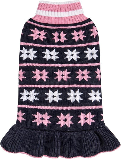 KYEESE Dog Sweater Fall Winter Dog Clothes Warm Pet Coats Pullover for Girl Pet Sweater Dress with Leash Hole Turtleneck with Classic Snowflake Pattern for Small Dogs, Girl Navyblue, Small