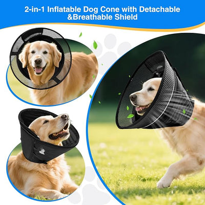 Inflatable Dog Cone Collar,Soft Adjustable Elizabethan Pet Recovery Collar | 2-in-1 Detachable Anti-Licking Shield E-Collar For Large Medium Dogs,Furniture-Friendly Post Surgery Recovery Cone(S)