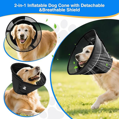 Inflatable Dog Cone Collar,Soft Adjustable Elizabethan Pet Recovery Collar | 2-in-1 Detachable Anti-Licking Shield E-Collar For Large Medium Dogs,Furniture-Friendly Post Surgery Recovery Cone(M)