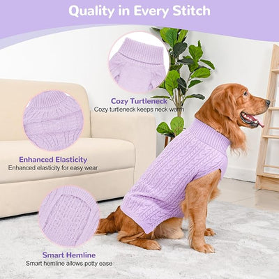 Dog Sweater 2 Pack for Large Dogs, Size XL, Pink & Purple | Stretchy cable knit turtleneck, machine washable, high belly cut, comfy winter fit for English Bulldog, Boxer