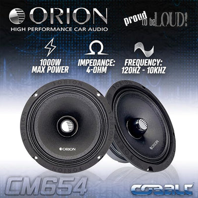 ORION Cobalt CM654 High Efficiency 6.5" Mid-Range Bullet Loudspeakers, 1000W Max Power, 250W RMS, 4 Ohm, 1.5" Voice Coil - Pro Car Audio Stereo, Midrange Speakers (Pair)
