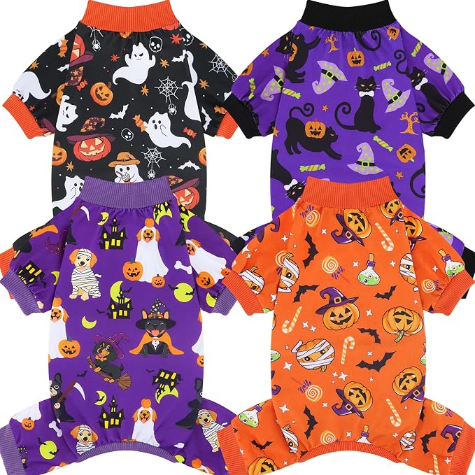 4 Pack Halloween Dog Pajamas, Funny Ghost Halloween Costumes for Dogs, Soft Strechy Doggy Clothes for Small Medium Dogs Boy Girl, Pet Apparel, XL