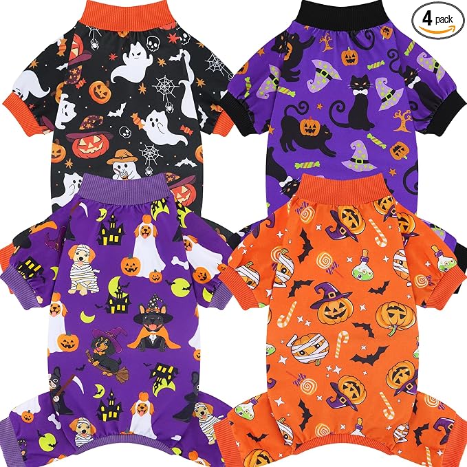 4 Pack Halloween Dog Pajamas, Funny Ghost Halloween Costumes for Dogs, Soft Strechy Doggy Clothes for Small Medium Dogs Boy Girl, Pet Apparel, S
