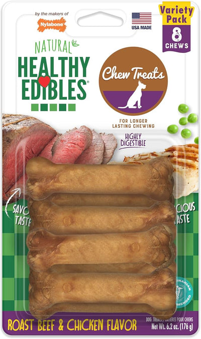 Nylabone Healthy Edibles Natural Chews, Long Lasting Dog Bones, Healthy Dog Treats, Roast Beef & Chicken Flavor, X-Small (8 Count)