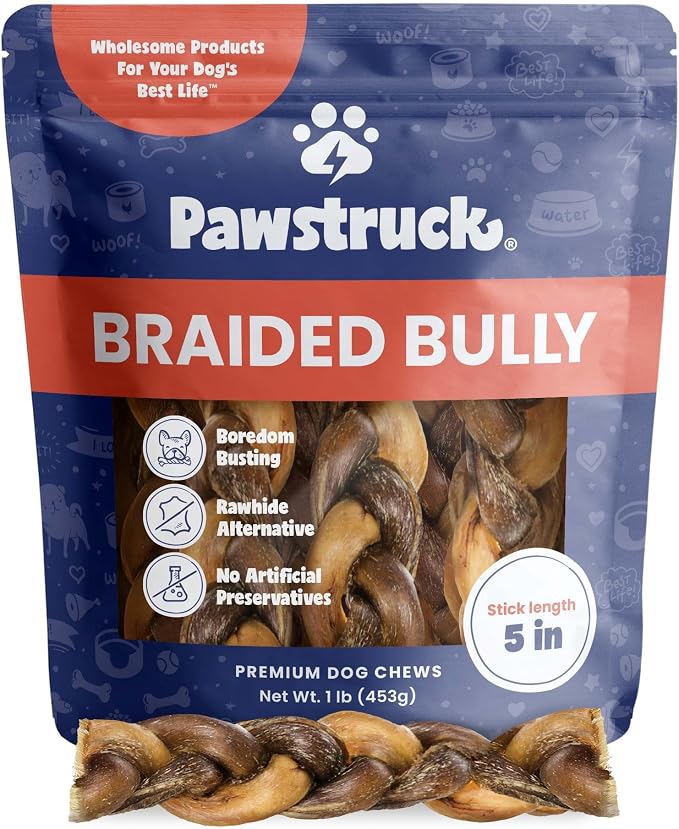 100% Natural 5-in Braided Bully Sticks 1 lb Bag - Long Lasting Rawhide Free Single Ingredient Dog Chews for Aggressive Chewers with Premium Beef Pizzle and Dental Health Benefits