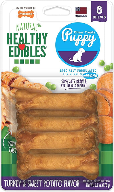 Nylabone Healthy Edibles Natural Puppy Chews Long Lasting Treats for Puppies, Turkey & Sweet Potato Dog Treats, X-Small/Petite (8 Count)