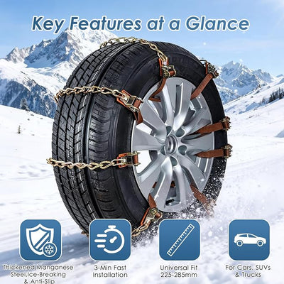 Snow Chains, 8 Packs Anti Slip Tire Chains, Pickup, Truck & SUV, Adjustable Thickening Reusable Anti-Slip Traction Tire Chains - Emergency Use in Snow, Ice, Sand and Mud (Fits 165-285mm Tires)