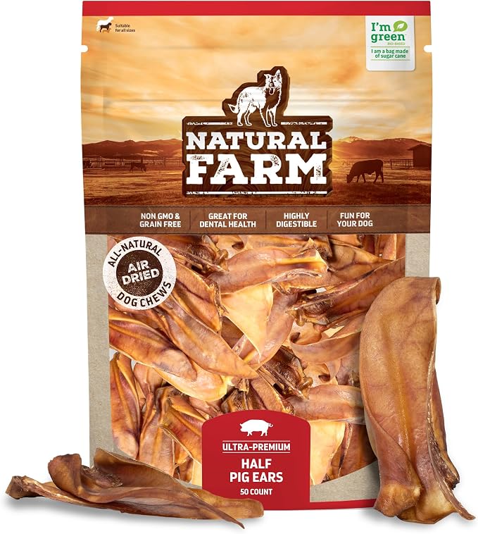 Natural Farm Half Pig Ears for Dogs (50-Pack), One Ingredient: Natural Pigs Ears, Air Dried, Long-Lasting & Highly Digestible Treats, Great for Puppy and Large/Medium Dogs