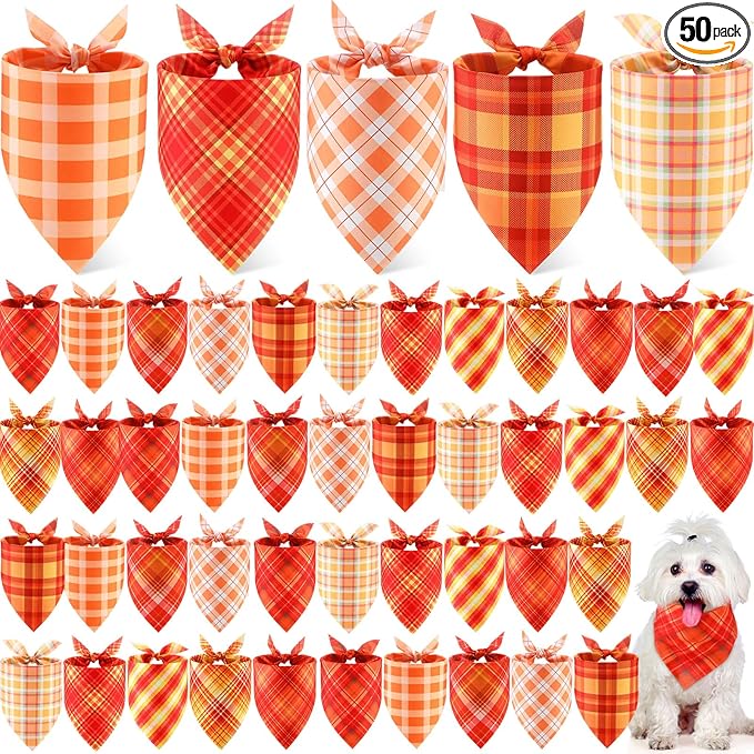 50 Pcs Thanksgiving Fall Dog Bandanas Bulk Plaid Bandanas for Dogs Autumn Soft Doggie Bibs Triangle Scarves for Small Medium Large Pet Costume(Plaid Pattern, 19.7 x 13.8 x 13.8 Inch)