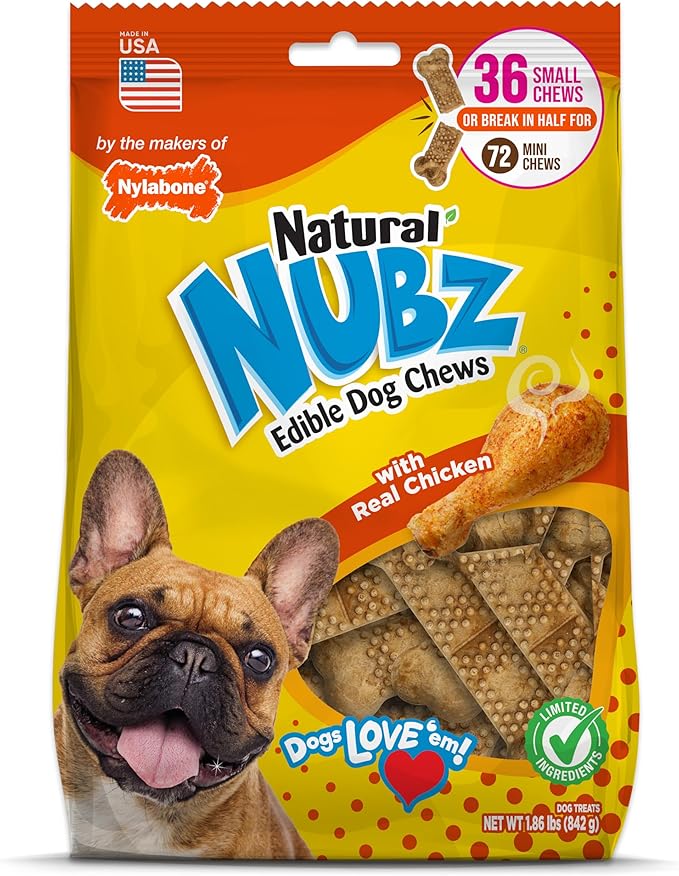 Nylabone Nubz Natural Dog Treats for Small Breeds, Long Lasting Chew Bones Made in USA, Chicken Flavor Breath Freshener Dental Chews, Small Dog Bones, Up to 30 lbs. (36 Count)