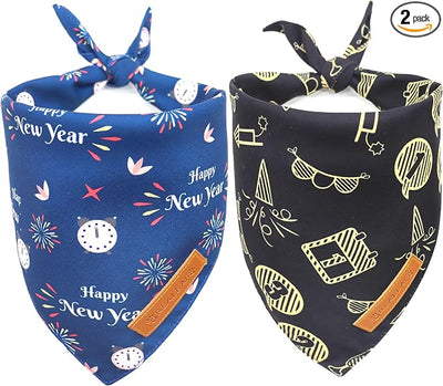 Realeaf Happy New Year Dog Bandanas 2 Pack, Reversible Holiday Pet Scarf for Boy and Girl, Premium Durable Fabric, Bandana for Small Medium Large and XLarge Dogs (Large)