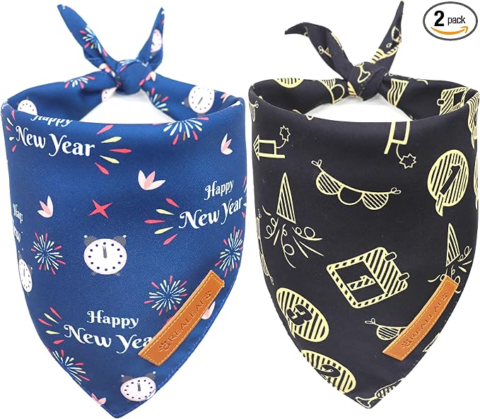 Happy New Year Dog Bandanas 2 Pack, Reversible Holiday Pet Scarf for Boy and Girl, Premium Durable Fabric, Bandana for Small Medium Large and XLarge Dogs (Large)