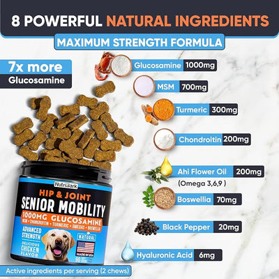 Glucosamine for Dogs -1000mg- Senior Dog Joint Supplement -Advanced Hip & Joint Support Chews w/Glucosamine, Chondroitin, MSM, Turmeric & Omega 3 for Pain & Inflammation Relief, Improved Mobility