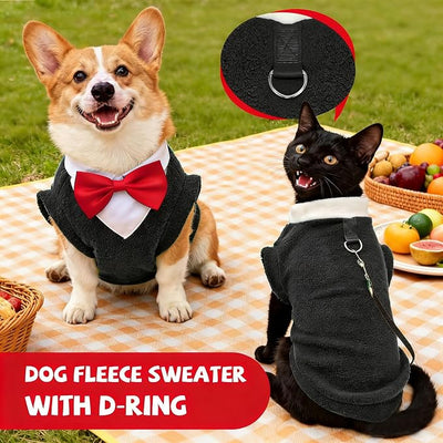Cute Dog Fleece Sweater with D-Ring, Fall Winter Dog Clothes Tuxedo Costume with Bowtie, Soft Puppy Sweatshirt Golden Retriever Apparel Doberman Outfits for Small Medium Large Dogs(Black,8XL)